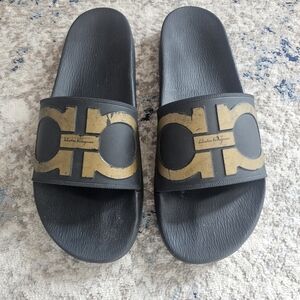 Salvatore Ferragamo Black and Gold Men's Slides